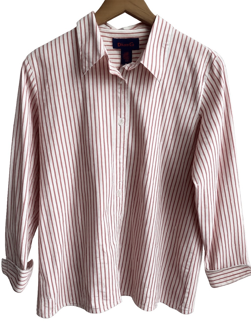 Denim&Co White Cotton Shirt with Red/Pink Stripes Size L